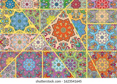 Vector patchwork quilt pattern. Vintage decorative collage. Hand drawn background. Indian, Arabic, Turkish motifs for printing on fabric or paper. Abstract colorful doodle pattern in mosaic style