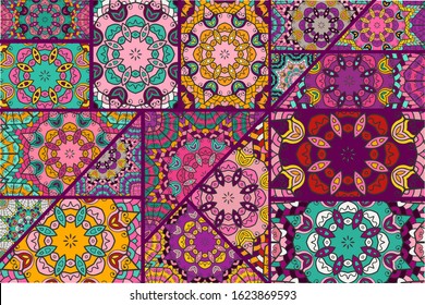Vector patchwork quilt pattern. Vintage decorative collage. Hand drawn background. Indian, Arabic, Turkish motifs for printing on fabric or paper. Abstract colorful doodle pattern in mosaic style