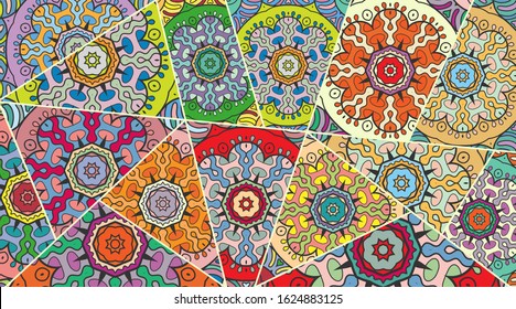 Vector patchwork quilt pattern. Vintage decorative collage. Hand drawn background. Indian, Arabic, Turkish motifs for printing on fabric or paper. Abstract colorful doodle pattern in mosaic style