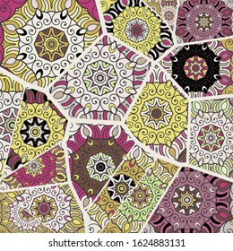 Vector patchwork quilt pattern. Vintage decorative collage. Hand drawn background. Indian, Arabic, Turkish motifs for printing on fabric or paper. Abstract colorful doodle pattern in mosaic style