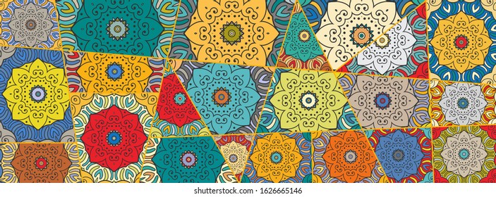 Vector patchwork quilt pattern. Vintage decorative collage. Hand drawn background. Indian, Arabic, Turkish motifs for printing on fabric or paper. Abstract colorful doodle pattern in mosaic style
