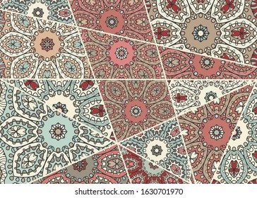Vector patchwork quilt pattern. Vintage decorative collage. Hand drawn background. Indian, Arabic, Turkish motifs for printing on fabric or paper. Abstract colorful doodle pattern in mosaic style