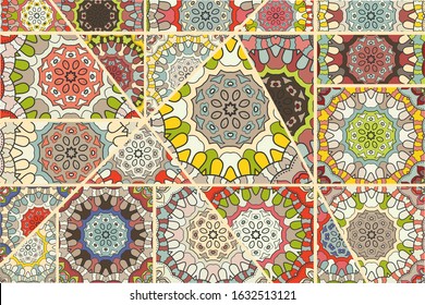 Vector patchwork quilt pattern. Vintage decorative collage. Hand drawn background. Indian, Arabic, Turkish motifs for printing on fabric or paper. Abstract colorful doodle pattern in mosaic style