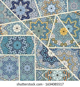 Vector patchwork quilt pattern. Vintage decorative collage. Hand drawn background. Indian, Arabic, Turkish motifs for printing on fabric or paper. Abstract colorful doodle pattern in mosaic style