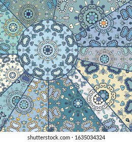 Vector patchwork quilt pattern. Vintage decorative collage. Hand drawn background. Indian, Arabic, Turkish motifs for printing on fabric or paper. Abstract colorful doodle pattern in mosaic style