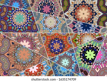 Vector patchwork quilt pattern. Vintage decorative collage. Hand drawn background. Indian, Arabic, Turkish motifs for printing on fabric or paper. Abstract colorful doodle pattern in mosaic style