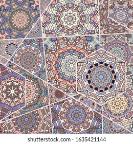 Vector patchwork quilt pattern. Vintage decorative collage. Hand drawn background. Indian, Arabic, Turkish motifs for printing on fabric or paper. Abstract colorful doodle pattern in mosaic style