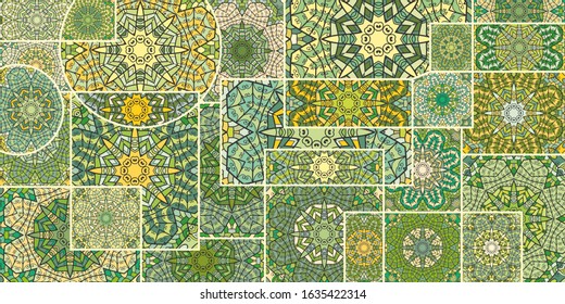 Vector patchwork quilt pattern. Vintage decorative collage. Hand drawn background. Indian, Arabic, Turkish motifs for printing on fabric or paper. Abstract colorful doodle pattern in mosaic style