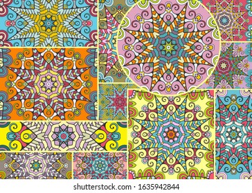 Vector patchwork quilt pattern. Vintage decorative collage. Hand drawn background. Indian, Arabic, Turkish motifs for printing on fabric or paper. Abstract colorful doodle pattern in mosaic style