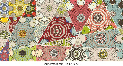 Vector patchwork quilt pattern. Vintage decorative collage. Hand drawn background. Indian, Arabic, Turkish motifs for printing on fabric or paper. Abstract colorful doodle pattern in mosaic style