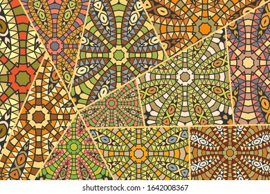 Vector patchwork quilt pattern. Vintage decorative collage. Hand drawn background. Indian, Arabic, Turkish motifs for printing on fabric or paper. Abstract colorful doodle pattern in mosaic style