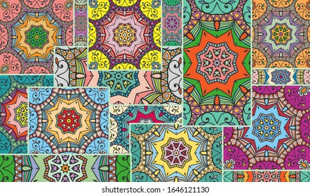 Vector patchwork quilt pattern. Vintage decorative collage. Hand drawn background. Indian, Arabic, Turkish motifs for printing on fabric or paper. Abstract colorful doodle pattern in mosaic style
