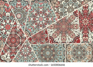 Vector patchwork quilt pattern. Vintage decorative collage. Hand drawn background. Indian, Arabic, Turkish motifs for printing on fabric or paper. Abstract colorful doodle pattern in mosaic style