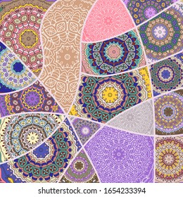Vector patchwork quilt pattern. Vintage decorative collage. Hand drawn background. Indian, Arabic, Turkish motifs for printing on fabric or paper. Abstract colorful doodle pattern in mosaic style