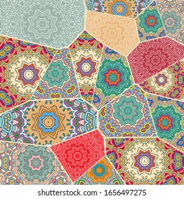 Vector patchwork quilt pattern. Vintage decorative collage. Hand drawn background. Indian, Arabic, Turkish motifs for printing on fabric or paper. Abstract colorful doodle pattern in mosaic style