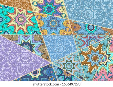 Vector patchwork quilt pattern. Vintage decorative collage. Hand drawn background. Indian, Arabic, Turkish motifs for printing on fabric or paper. Abstract colorful doodle pattern in mosaic style