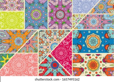 Vector patchwork quilt pattern. Vintage decorative collage. Hand drawn background. Indian, Arabic, Turkish motifs for printing on fabric or paper. Abstract colorful doodle pattern in mosaic style