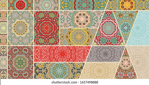 Vector patchwork quilt pattern. Vintage decorative collage. Hand drawn background. Indian, Arabic, Turkish motifs for printing on fabric or paper. Abstract colorful doodle pattern in mosaic style