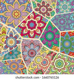 Vector patchwork quilt pattern. Vintage decorative collage. Hand drawn background. Indian, Arabic, Turkish motifs for printing on fabric or paper. Abstract colorful doodle pattern in mosaic style