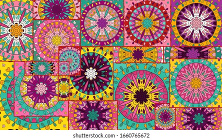 Vector patchwork quilt pattern. Vintage decorative collage. Hand drawn background. Indian, Arabic, Turkish motifs for printing on fabric or paper. Abstract colorful doodle pattern in mosaic style
