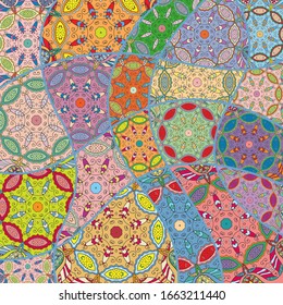 Vector patchwork quilt pattern. Vintage decorative collage. Hand drawn background. Indian, Arabic, Turkish motifs for printing on fabric or paper. Abstract colorful doodle pattern in mosaic style