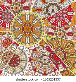 Vector patchwork quilt pattern. Vintage decorative collage. Hand drawn background. Indian, Arabic, Turkish motifs for printing on fabric or paper. Abstract colorful doodle pattern in mosaic style
