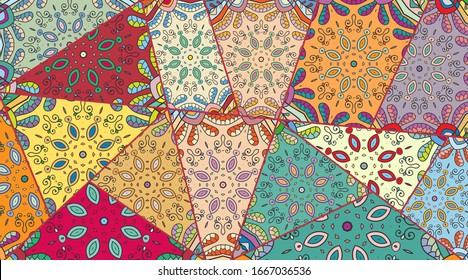 Vector patchwork quilt pattern. Vintage decorative collage. Hand drawn background. Indian, Arabic, Turkish motifs for printing on fabric or paper. Abstract colorful doodle pattern in mosaic style