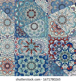 Vector patchwork quilt pattern. Vintage decorative collage. Hand drawn background. Indian, Arabic, Turkish motifs for printing on fabric or paper. Abstract colorful doodle pattern in mosaic style