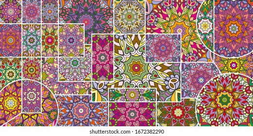 Vector patchwork quilt pattern. Vintage decorative collage. Hand drawn background. Indian, Arabic, Turkish motifs for printing on fabric or paper. Abstract colorful doodle pattern in mosaic style