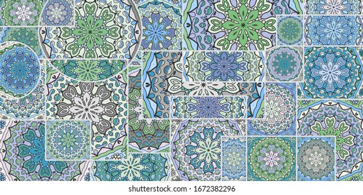 Vector patchwork quilt pattern. Vintage decorative collage. Hand drawn background. Indian, Arabic, Turkish motifs for printing on fabric or paper. Abstract colorful doodle pattern in mosaic style