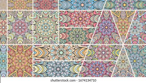 Vector patchwork quilt pattern. Vintage decorative collage. Hand drawn background. Indian, Arabic, Turkish motifs for printing on fabric or paper. Abstract colorful doodle pattern in mosaic style