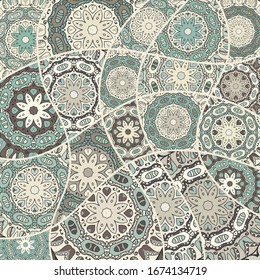 Vector patchwork quilt pattern. Vintage decorative collage. Hand drawn background. Indian, Arabic, Turkish motifs for printing on fabric or paper. Abstract colorful doodle pattern in mosaic style