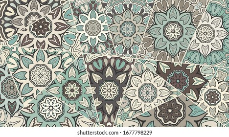 Vector patchwork quilt pattern. Vintage decorative collage. Hand drawn background. Indian, Arabic, Turkish motifs for printing on fabric or paper. Abstract colorful doodle pattern in mosaic style