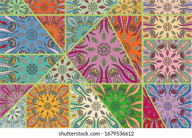 Vector patchwork quilt pattern. Vintage decorative collage. Hand drawn background. Indian, Arabic, Turkish motifs for printing on fabric or paper. Abstract colorful doodle pattern in mosaic style