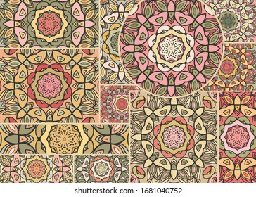 Vector patchwork quilt pattern. Vintage decorative collage. Hand drawn background. Indian, Arabic, Turkish motifs for printing on fabric or paper. Abstract colorful doodle pattern in mosaic style