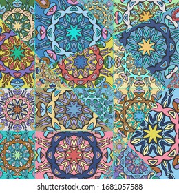 Vector patchwork quilt pattern. Vintage decorative collage. Hand drawn background. Indian, Arabic, Turkish motifs for printing on fabric or paper. Abstract colorful doodle pattern in mosaic style