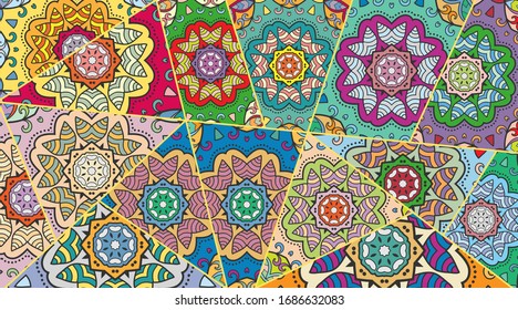 Vector patchwork quilt pattern. Vintage decorative collage. Hand drawn background. Indian, Arabic, Turkish motifs for printing on fabric or paper. Abstract colorful doodle pattern in mosaic style