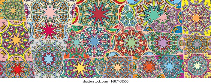 Vector patchwork quilt pattern. Vintage decorative collage. Hand drawn background. Indian, Arabic, Turkish motifs for printing on fabric or paper. Abstract colorful doodle pattern in mosaic style