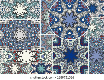 Vector patchwork quilt pattern. Vintage decorative collage. Hand drawn background. Indian, Arabic, Turkish motifs for printing on fabric or paper. Abstract colorful doodle pattern in mosaic style