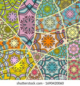 Vector patchwork quilt pattern. Vintage decorative collage. Hand drawn background. Indian, Arabic, Turkish motifs for printing on fabric or paper. Abstract colorful doodle pattern in mosaic style