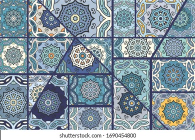 Vector patchwork quilt pattern. Vintage decorative collage. Hand drawn background. Indian, Arabic, Turkish motifs for printing on fabric or paper. Abstract colorful doodle pattern in mosaic style