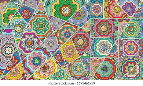 Vector patchwork quilt pattern. Vintage decorative collage. Hand drawn background. Indian, Arabic, Turkish motifs for printing on fabric or paper. Abstract colorful doodle pattern in mosaic style
