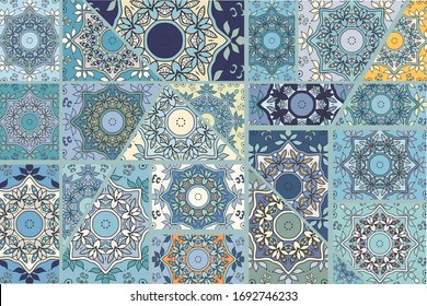 Vector patchwork quilt pattern. Vintage decorative collage. Hand drawn background. Indian, Arabic, Turkish motifs for printing on fabric or paper. Abstract colorful doodle pattern in mosaic style