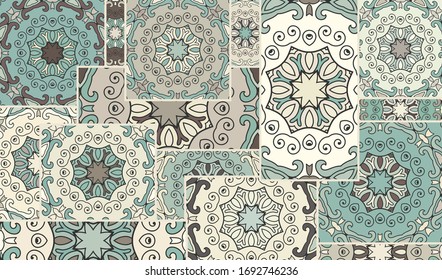 Vector patchwork quilt pattern. Vintage decorative collage. Hand drawn background. Indian, Arabic, Turkish motifs for printing on fabric or paper. Abstract colorful doodle pattern in mosaic style