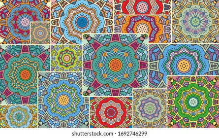 Vector patchwork quilt pattern. Vintage decorative collage. Hand drawn background. Indian, Arabic, Turkish motifs for printing on fabric or paper. Abstract colorful doodle pattern in mosaic style