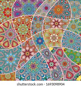 Vector patchwork quilt pattern. Vintage decorative collage. Hand drawn background. Indian, Arabic, Turkish motifs for printing on fabric or paper. Abstract colorful doodle pattern in mosaic style