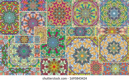 Vector patchwork quilt pattern. Vintage decorative collage. Hand drawn background. Indian, Arabic, Turkish motifs for printing on fabric or paper. Abstract colorful doodle pattern in mosaic style