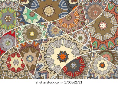 Vector patchwork quilt pattern. Vintage decorative collage. Hand drawn background. Indian, Arabic, Turkish motifs for printing on fabric or paper. Abstract colorful doodle pattern in mosaic style