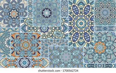 Vector patchwork quilt pattern. Vintage decorative collage. Hand drawn background. Indian, Arabic, Turkish motifs for printing on fabric or paper. Abstract colorful doodle pattern in mosaic style