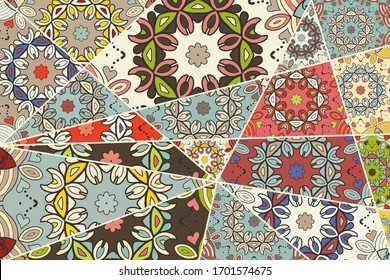 Vector patchwork quilt pattern. Vintage decorative collage. Hand drawn background. Indian, Arabic, Turkish motifs for printing on fabric or paper. Abstract colorful doodle pattern in mosaic style